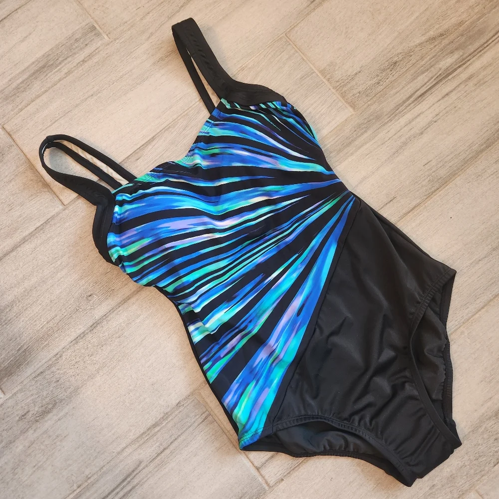 Swim Solutions Sport Swimsuit 8 Blue Black Striped Shapewear one piece New $110